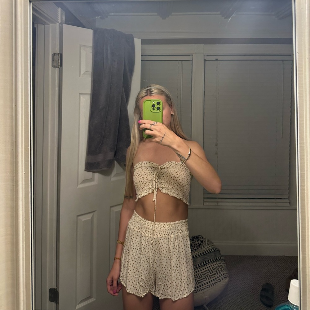 Cream Polka Dot Strapless Top and Short Set